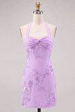 Halter Light Blue Flower Embroidered Bodycon Homecoming Dress