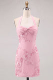 Halter Light Blue Flower Embroidered Bodycon Homecoming Dress