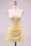 Light Blue Strapless Pearl Satin Corset Homecoming Dress with Lace-up Back