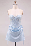 Light Blue Strapless Pearl Satin Corset Homecoming Dress with Lace-up Back