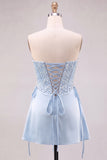 Light Blue Strapless Pearl Satin Corset Homecoming Dress with Lace-up Back