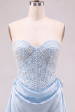 Light Blue Strapless Pearl Satin Corset Homecoming Dress with Lace-up Back