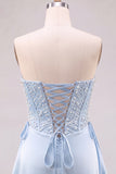Light Blue Strapless Pearl Satin Corset Homecoming Dress with Lace-up Back