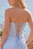 Light Blue Strapless Pearl Satin Corset Homecoming Dress with Lace-up Back
