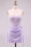 Light Blue Strapless Pearl Satin Corset Homecoming Dress with Lace-up Back