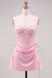 Light Blue Strapless Pearl Satin Corset Homecoming Dress with Lace-up Back