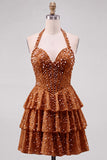 Halter Pearl Corset Tiered A Line Yellow Homecoming Dress
