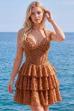 Halter Pearl Corset Tiered A Line Yellow Homecoming Dress