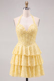 Halter Pearl Corset Tiered A Line Yellow Homecoming Dress