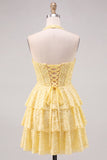Halter Pearl Corset Tiered A Line Yellow Homecoming Dress