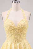 Halter Pearl Corset Tiered A Line Yellow Homecoming Dress