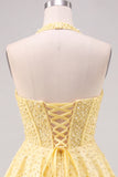 Halter Pearl Corset Tiered A Line Yellow Homecoming Dress