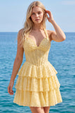 Halter Pearl Corset Tiered A Line Yellow Homecoming Dress