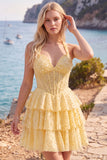 Halter Pearl Corset Tiered A Line Yellow Homecoming Dress