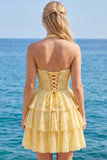 Halter Pearl Corset Tiered A Line Yellow Homecoming Dress
