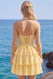 Halter Pearl Corset Tiered A Line Yellow Homecoming Dress