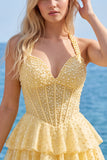 Halter Pearl Corset Tiered A Line Yellow Homecoming Dress