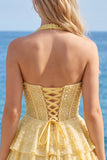 Halter Pearl Corset Tiered A Line Yellow Homecoming Dress