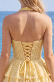 Halter Pearl Corset Tiered A Line Yellow Homecoming Dress