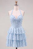 Halter Pearl Corset Tiered A Line Yellow Homecoming Dress
