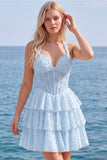 Halter Pearl Corset Tiered A Line Yellow Homecoming Dress