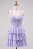 Halter Pearl Corset Tiered A Line Yellow Homecoming Dress