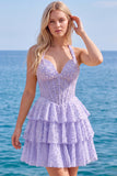 Halter Pearl Corset Tiered A Line Yellow Homecoming Dress