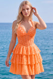 Halter Pearl Corset Tiered A Line Yellow Homecoming Dress