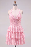 Halter Pearl Corset Tiered A Line Yellow Homecoming Dress