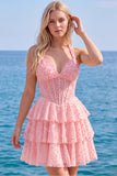 Halter Pearl Corset Tiered A Line Yellow Homecoming Dress