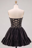 Black Pearl Strapless A Line Homecoming Dress with Lace-up Back
