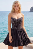 Black Pearl Strapless A Line Homecoming Dress with Lace-up Back