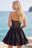 Black Pearl Strapless A Line Homecoming Dress with Lace-up Back