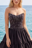 Black Pearl Strapless A Line Homecoming Dress with Lace-up Back