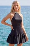 Halter Black Short Homecoming Dress with Pearls