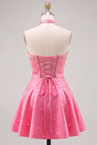 Fuchsia Sweetheart A Line Pearl Homecoming Dress with Choker