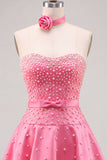 Fuchsia Sweetheart A Line Pearl Homecoming Dress with Choker