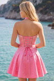 Fuchsia Sweetheart A Line Pearl Homecoming Dress with Choker