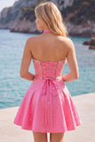 Fuchsia Sweetheart A Line Pearl Homecoming Dress with Choker