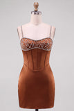 Brown Bodycon Corset Homecoming Dress with Rhinestone