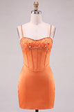 Brown Bodycon Corset Homecoming Dress with Rhinestone