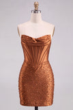 Strapless Orange Corset Beaded Pearl Bodycon Homecoming Dress