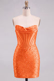 Strapless Orange Corset Beaded Pearl Bodycon Homecoming Dress