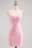 Strapless Orange Corset Beaded Pearl Bodycon Homecoming Dress