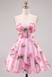 Pink 3D Flower Corset Sweetheart A Line Homecoming Dress