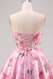 Pink 3D Flower Corset Sweetheart A Line Homecoming Dress