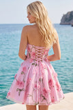 Pink 3D Flower Corset Sweetheart A Line Homecoming Dress