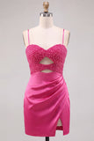 Fuchsia Beaded Cut Out Bodycon Short Homecoming Dress