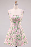 Floral Pink Jacquard Pearl Square Neck A Line Homecoming Dress with Bow