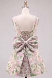 Floral Pink Jacquard Pearl Square Neck A Line Homecoming Dress with Bow